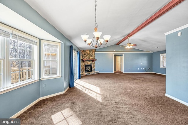 135 Bluewater Blvd S, Mineral, VA 23117 - unfurnished living room featuring carpet floors, a chandelier, baseboards, a stone fireplace, and ceiling fan