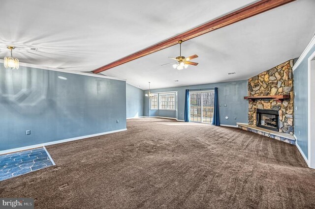 135 Bluewater Blvd S, Mineral, VA 23117 - unfurnished living room featuring carpet flooring, a fireplace, ceiling fan, a chandelier, and baseboards