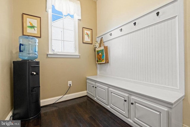  - mudroom featuring dark wood-style flooring and baseboards