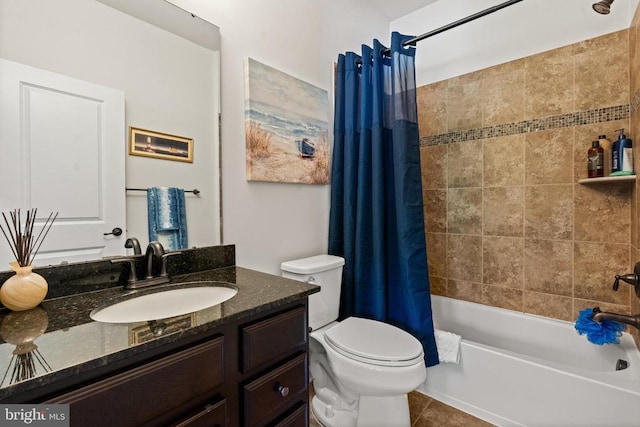  - full bathroom with vanity, shower / bath combination with curtain, and tile patterned floors