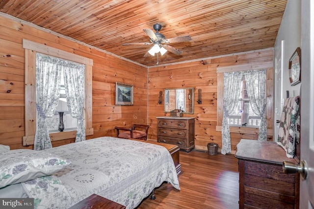 bedroom featuring dark hardwood / wood-style flooring, ceiling fan, wood ceiling, and wooden walls