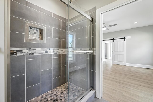 43 Mcilwee Ln, Staunton, VA 24401 - bathroom with a shower stall, wood finished floors, a ceiling fan, and recessed lighting
