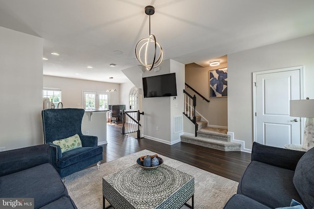 2015 Elm Tree Ct, Charlottesville, VA 22911 - living room with dark wood-type flooring, recessed lighting, and stairs