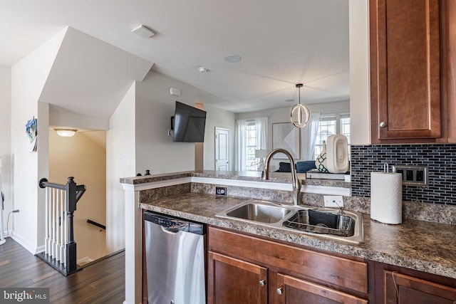 2015 Elm Tree Ct, Charlottesville, VA 22911 - kitchen with stainless steel dishwasher, dark wood finished floors, dark countertops, and decorative backsplash