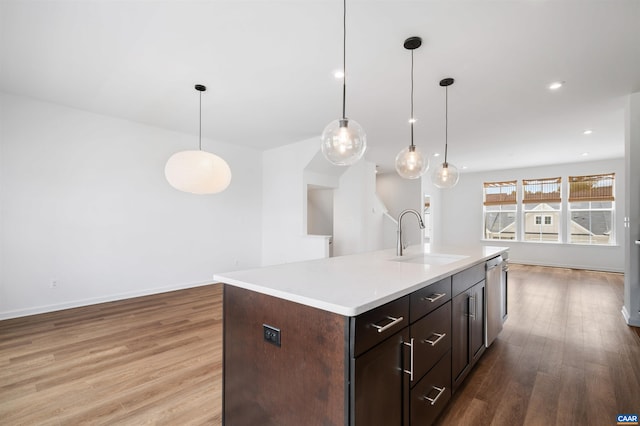 4454 Alston St, Crozet, VA 22932 - kitchen with light wood-style floors, stainless steel dishwasher, light countertops, dark brown cabinetry, and recessed lighting