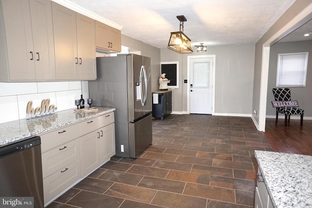 7435 Courthouse Rd, Spotsylvania, VA 22551 - kitchen featuring stainless steel appliances, baseboards, light stone countertops, hanging light fixtures, and tasteful backsplash