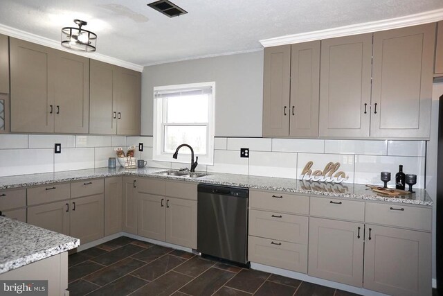 7435 Courthouse Rd, Spotsylvania, VA 22551 - kitchen with stainless steel dishwasher, a sink, backsplash, light stone countertops, and ornamental molding