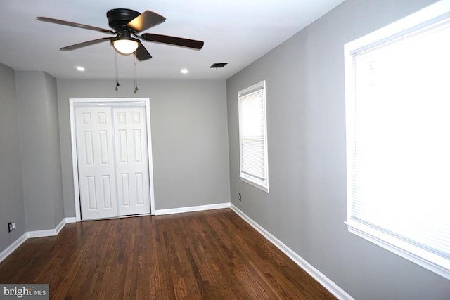 7435 Courthouse Rd, Spotsylvania, VA 22551 - unfurnished bedroom with dark wood-style floors, a closet, baseboards, recessed lighting, and ceiling fan