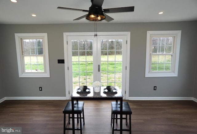 7435 Courthouse Rd, Spotsylvania, VA 22551 - dining room with baseboards, a ceiling fan, dark wood-type flooring, recessed lighting, and french doors