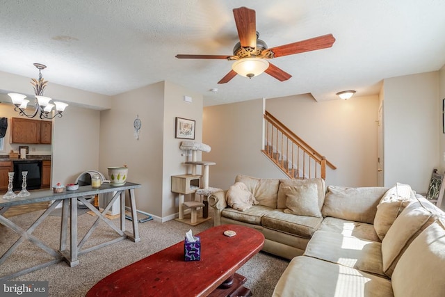 417 Maryland Ave, Shenandoah, VA 22849 - living room featuring light colored carpet, ceiling fan, baseboards, stairway, and a chandelier