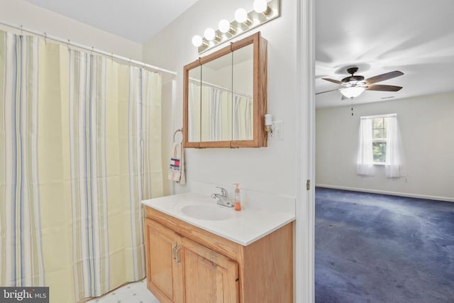 9071 Old Culpeper Rd, Warrenton, VA 20186 - full bathroom with vanity, ceiling fan, and a shower with curtain
