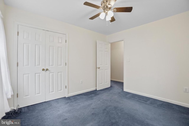 9071 Old Culpeper Rd, Warrenton, VA 20186 - unfurnished bedroom featuring dark colored carpet, a closet, and ceiling fan