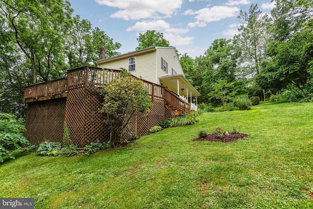 9071 Old Culpeper Rd, Warrenton, VA 20186 - view of home's exterior with a wooden deck, a lawn, a chimney, and stairway