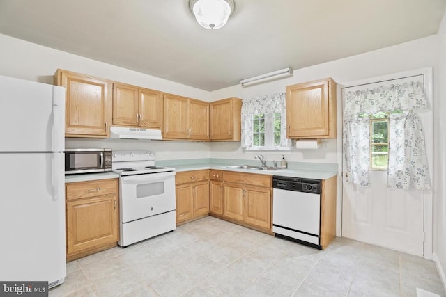 9071 Old Culpeper Rd, Warrenton, VA 20186 - kitchen featuring white appliances, under cabinet range hood, light countertops, and plenty of natural light