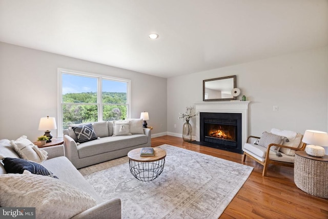  - living area with wood finished floors, a fireplace with flush hearth, baseboards, and recessed lighting