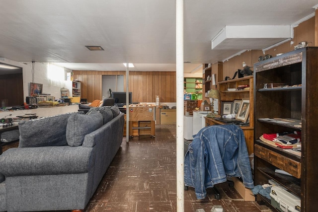 310 Spotswood Ave E, Elkton, VA 22827 - living room featuring wooden walls and tile patterned floors