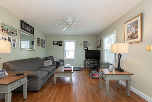 310 Spotswood Ave E, Elkton, VA 22827 - living area featuring ceiling fan, wood finished floors, baseboards, and a textured ceiling