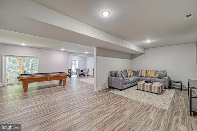 5220 Wyndemere Cir, Mineral, VA 23117 - living room featuring wood finished floors, billiards table, baseboards, and recessed lighting