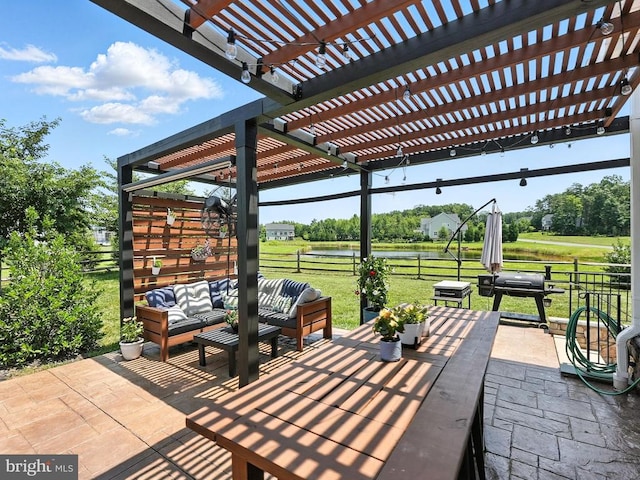 10901 Brandermill Park, Spotsylvania, VA 22551 - fenced backyard with an outdoor hangout area, a water view, a patio, and a pergola