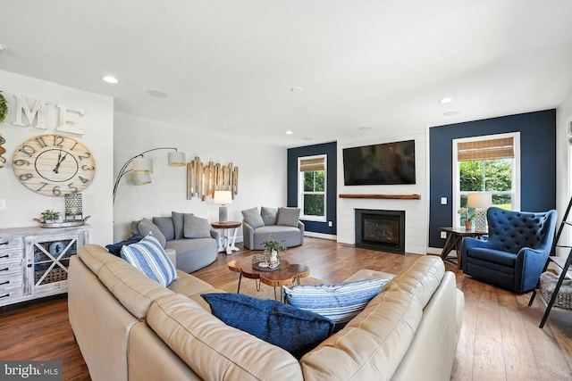 10901 Brandermill Park, Spotsylvania, VA 22551 - living area with dark wood-style flooring, a large fireplace, and recessed lighting