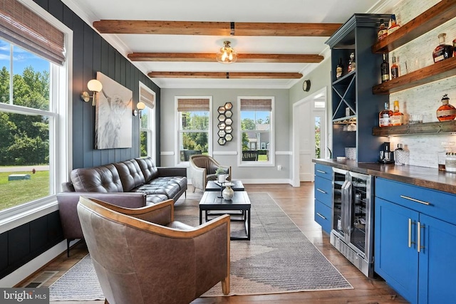 10901 Brandermill Park, Spotsylvania, VA 22551 - living room with beverage cooler, a dry bar, healthy amount of natural light, beam ceiling, and dark wood-style flooring