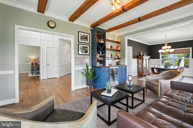 10901 Brandermill Park, Spotsylvania, VA 22551 - living room featuring bar area, beverage cooler, beamed ceiling, wood finished floors, and a chandelier