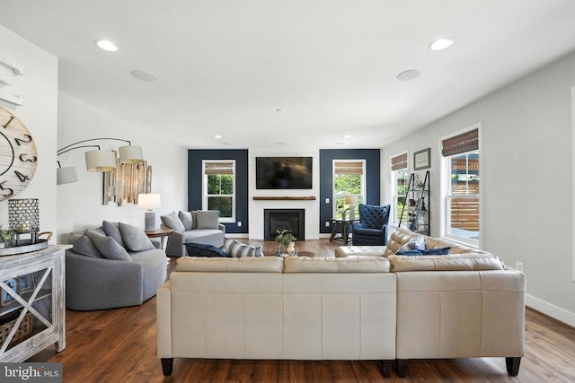 10901 Brandermill Park, Spotsylvania, VA 22551 - living room with a large fireplace, wood finished floors, and recessed lighting
