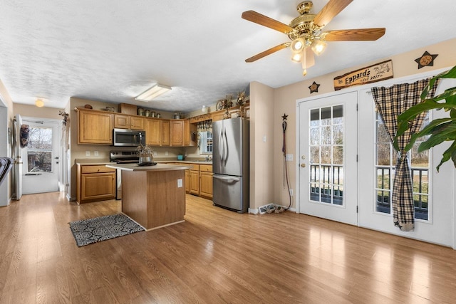 18785 Red Brush Rd, Elkton, VA 22827 - kitchen with light countertops, stainless steel appliances, light wood-type flooring, and a center island