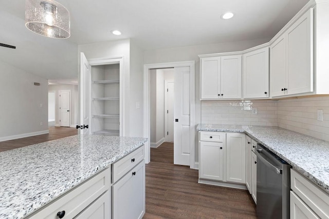 LOT155 Langley Dr, Waynesboro, VA 22980 - kitchen featuring stainless steel dishwasher, white cabinetry, dark wood-type flooring, backsplash, and recessed lighting