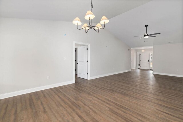 LOT155 Langley Dr, Waynesboro, VA 22980 - unfurnished living room with ceiling fan, vaulted ceiling, dark wood-style floors, a chandelier, and baseboards