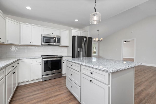 LOT155 Langley Dr, Waynesboro, VA 22980 - kitchen with stainless steel appliances, backsplash, lofted ceiling, a chandelier, and wood finished floors
