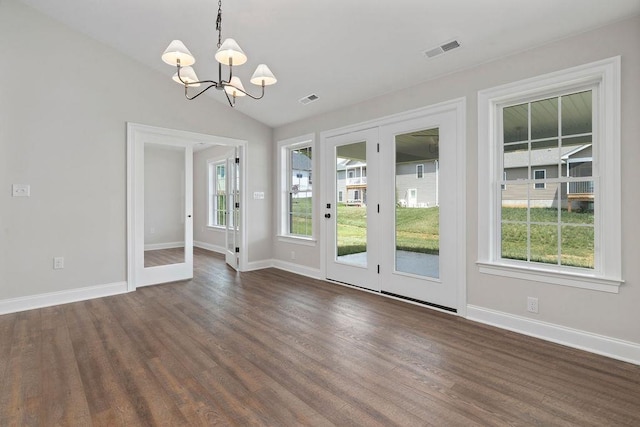 LOT155 Langley Dr, Waynesboro, VA 22980 - unfurnished dining area with a chandelier, dark wood-type flooring, healthy amount of natural light, and vaulted ceiling