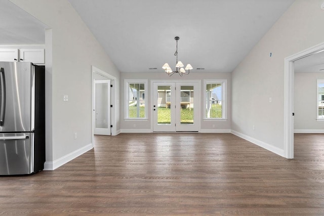 LOT155 Langley Dr, Waynesboro, VA 22980 - unfurnished dining area featuring a chandelier, lofted ceiling, plenty of natural light, and dark wood-style flooring