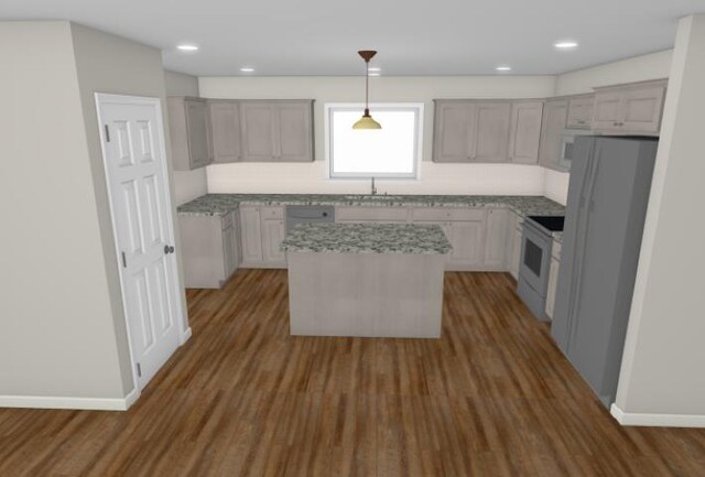 LOT155 Langley Dr, Waynesboro, VA 22980 - kitchen featuring white appliances, wood finished floors, a kitchen island, baseboards, and recessed lighting