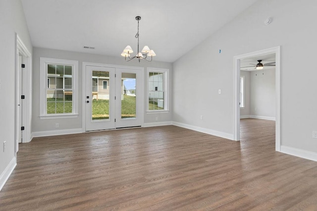 LOT155 Langley Dr, Waynesboro, VA 22980 - unfurnished dining area with a chandelier, wood finished floors, lofted ceiling, baseboards, and ceiling fan