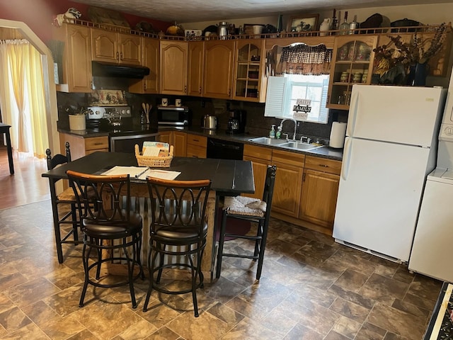 290 Shenandoah River Rd, Shenandoah, VA 22849 - kitchen featuring freestanding refrigerator, dishwasher, a sink, stainless steel range with electric cooktop, and dark countertops