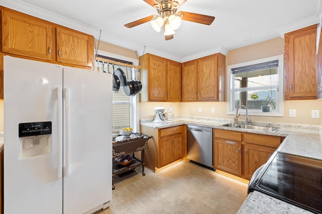 832 Grayson Ave, Waynesboro, VA 22980 - kitchen with white fridge with ice dispenser, stainless steel dishwasher, light floors, and healthy amount of natural light