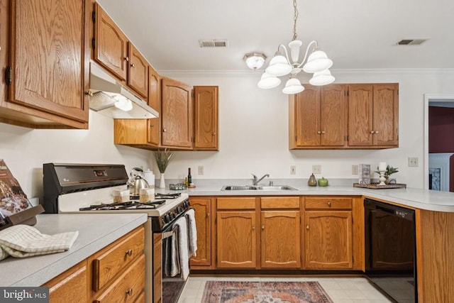 9839 Dominion Forest Cir, Fredericksburg, VA 22408 - kitchen featuring dishwasher, range with gas cooktop, a sink, under cabinet range hood, and a chandelier