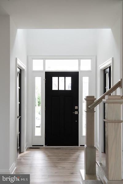 entryway featuring baseboards, a healthy amount of sunlight, and wood finished floors