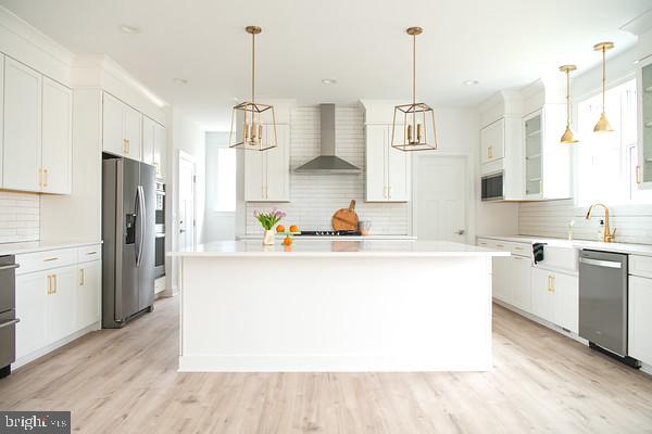 kitchen featuring wall chimney range hood, stainless steel appliances, and backsplash