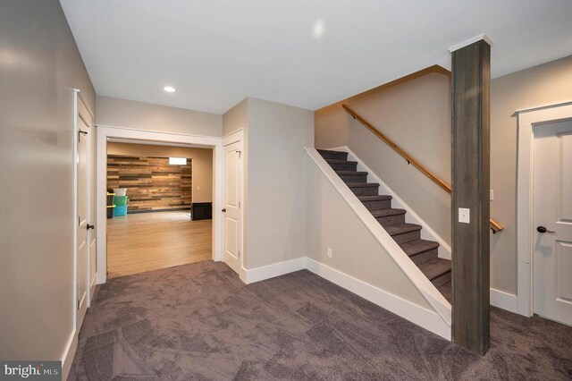 11001 Waterstone Pl, Spotsylvania, VA 22551 - staircase featuring carpet flooring, baseboards, and recessed lighting