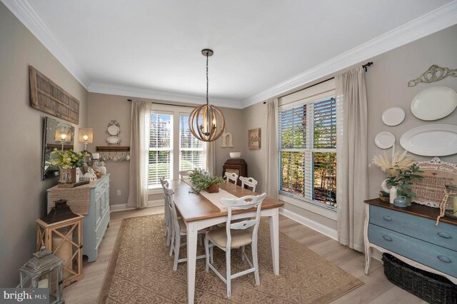 11001 Waterstone Pl, Spotsylvania, VA 22551 - dining space with a chandelier, light wood finished floors, ornamental molding, and baseboards