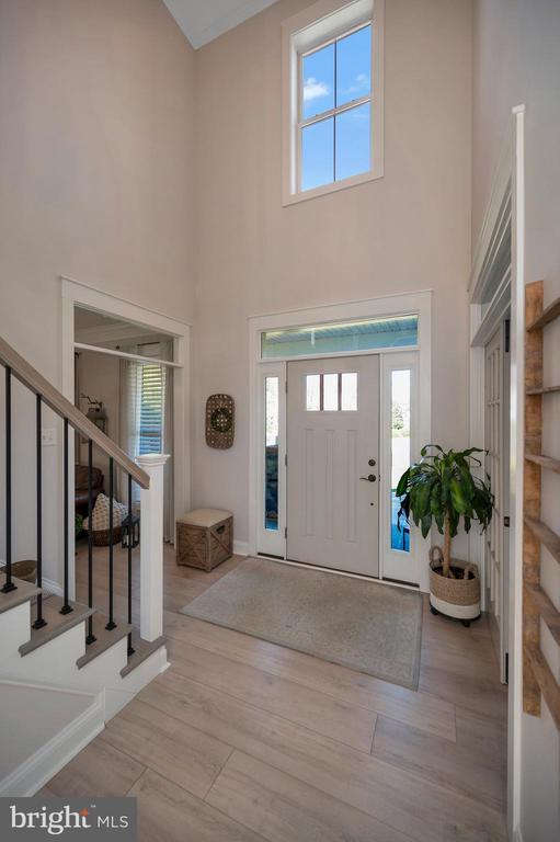 11001 Waterstone Pl, Spotsylvania, VA 22551 - entrance foyer with a high ceiling, stairway, plenty of natural light, wood finished floors, and baseboards