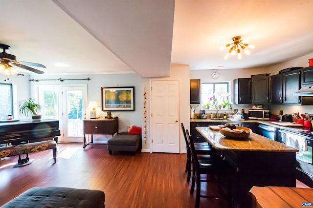 kitchen featuring under cabinet range hood, a sink, stainless steel microwave, wood finished floors, and light countertops