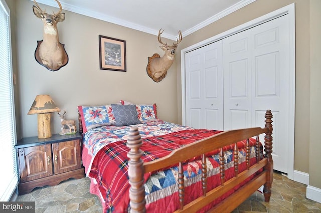 220 Airstrip Rd, Luray, VA 22835 - bedroom featuring stone finish flooring, a closet, and crown molding