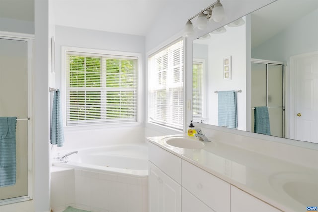 5031 Clearfields Ct, Crozet, VA 22932 - bathroom featuring plenty of natural light, double vanity, a garden tub, and a shower stall