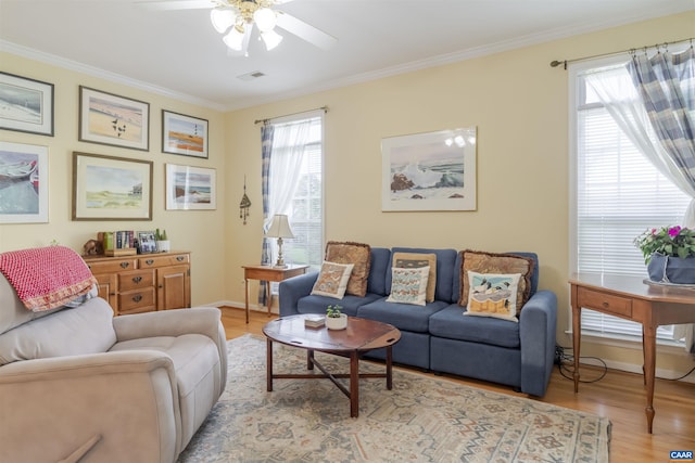5031 Clearfields Ct, Crozet, VA 22932 - living area featuring ceiling fan, light wood-type flooring, crown molding, and plenty of natural light