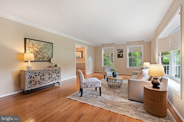  - living room with wood finished floors and crown molding