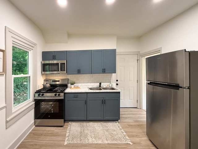 1203 Walnut St, Staunton, VA 24401 - kitchen with appliances with stainless steel finishes, decorative backsplash, a sink, light countertops, and light wood-style flooring