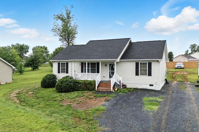 14975 Woodcreek Ln, Timberville, VA 22853 - view of front of house with crawl space, a porch, a shingled roof, and a front yard